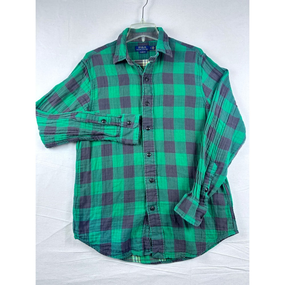 Polo Ralph Lauren Mens Green Navy Buffalo Plaid Flannel Shirt Classic Fit Medium